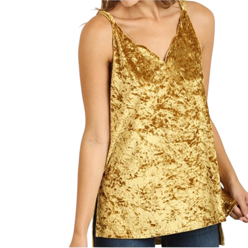 Umgee | The Broadway Crushed Velvet Cami Tank Tunic Top Metallic Gold Scalloped
